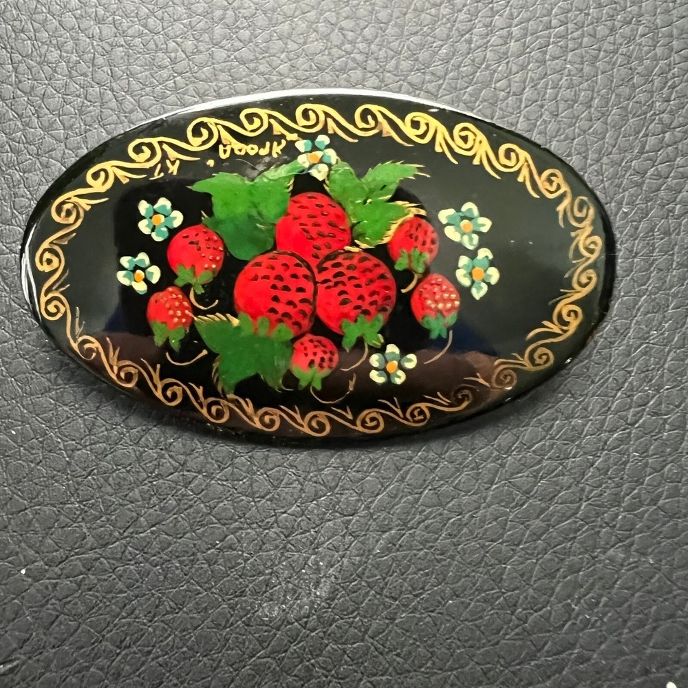 Vintage Hand Painted Russian Brooch Black Enamel with Strawberries‎ Pin